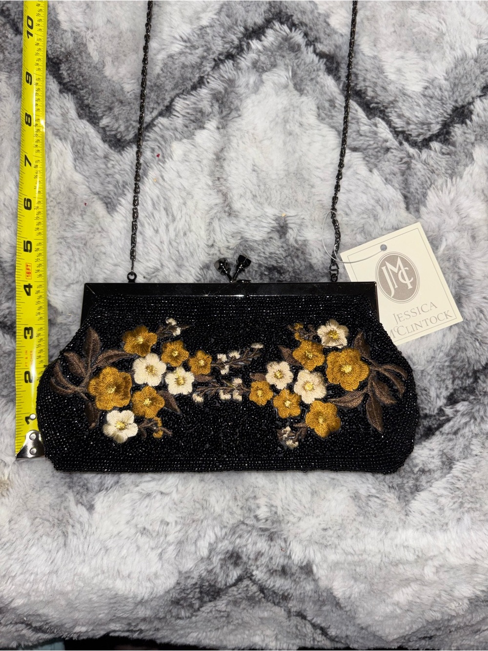 Jessica McClintock Black Beaded Clutch with Gold & Cream Floral Embroidery.
